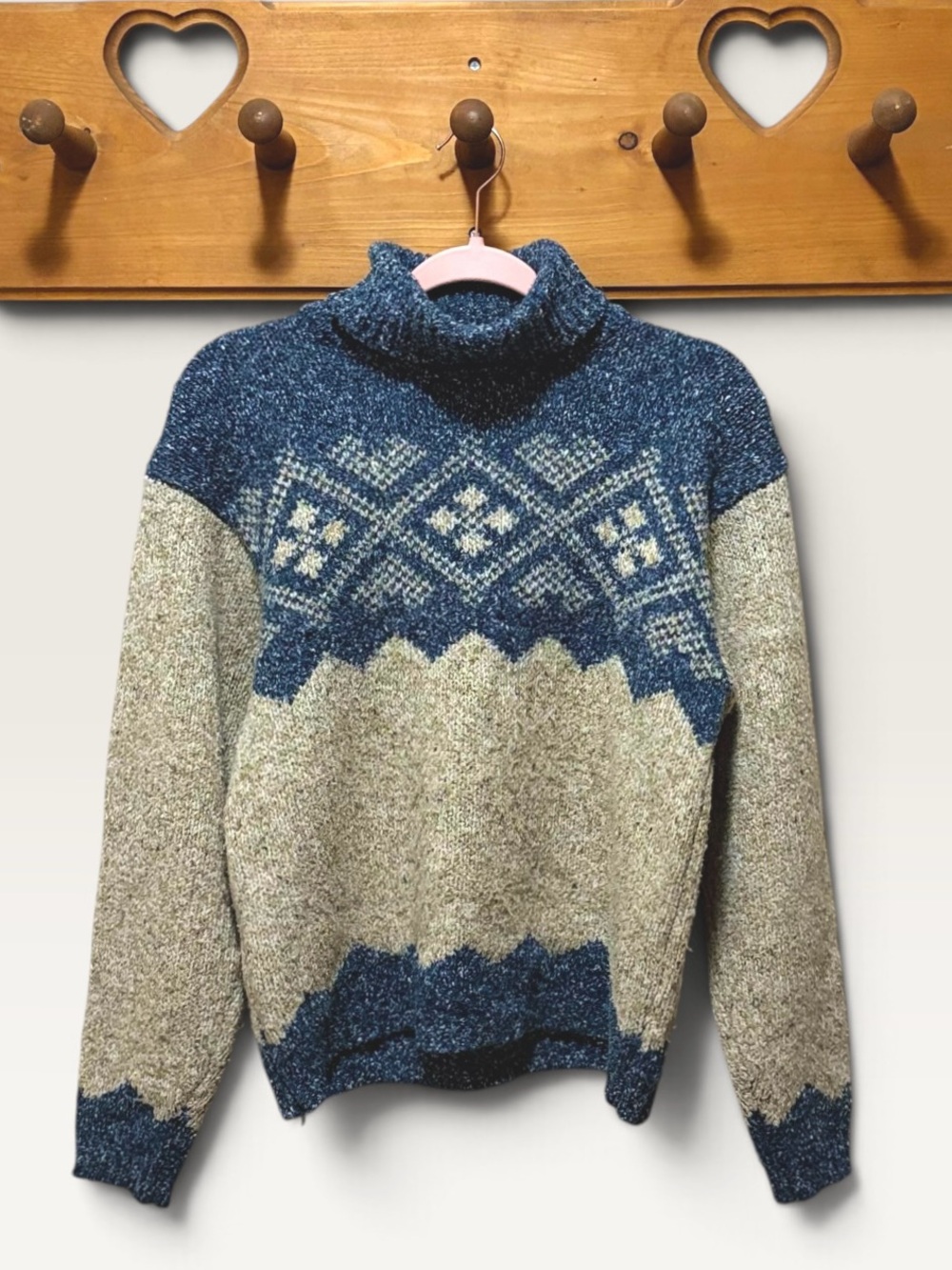 VINTAGE St. John’s Bay Fair Isle Turtleneck Sweater M Blue Cream Wool Nordic